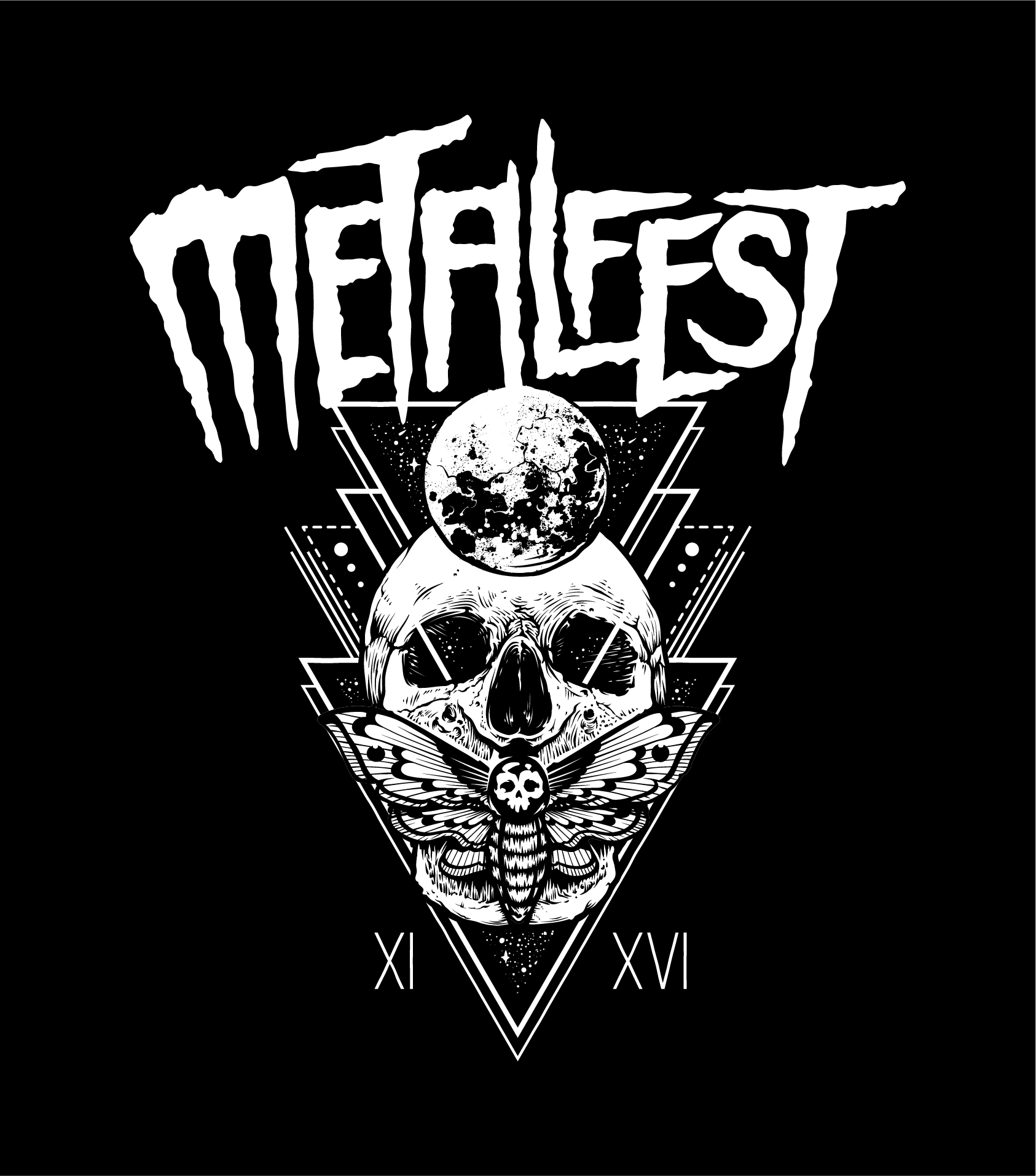 Détournement du logo du festival Hellfest en Metalfest suivi d'une illustration de planète, crâne humain et papillon museleur